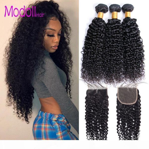 

malaysian curly human hair with closure 3 4 bundles with closure malaysian virgin hair bundles with closure natural color dhgate remy hair, Black;brown