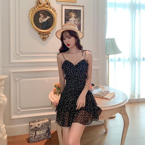 

casual dresses floral summer 2021 women's strapless strap french dress office lady polyester chiffon print sleeveless, Black;gray