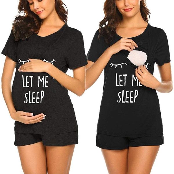 

maternity & tees mom short sleeve cute print nursing t-shirt +adjustable shorts set, White