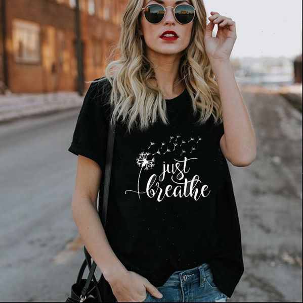 

just breathe dandelion print t shirt women short sleeve o neck loose 2021 summer women tee shirt mujer, White