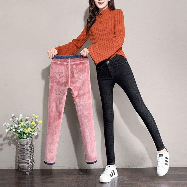 

women's jeans vintage slim warm winter 2021 korean fashion velvet high waist denim pants outdoor casual thick skinny pencil pant, Blue