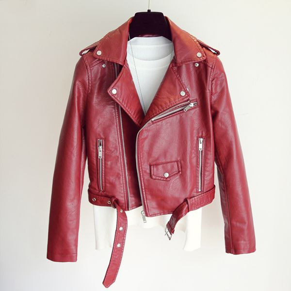 

2021 new women faux jacket fashion ladies with belt leather coats spring autumn slim yellow biker moto short outwear j7k5, Black