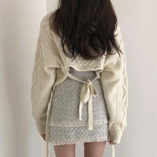 

2021-springtime Fall Loose Woman's Nightgown Long Sleeve Return Sexy Bow Tie Low v Casual Elegant Knitting Pullovers T75i, White;black