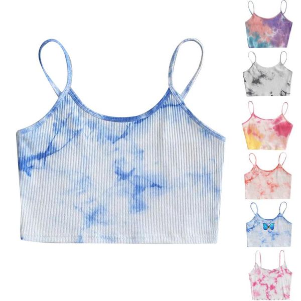 

women's tanks & camis 2021 summer female tie dye print tank vest knitted crop backless off shoulder beach night club for women, White