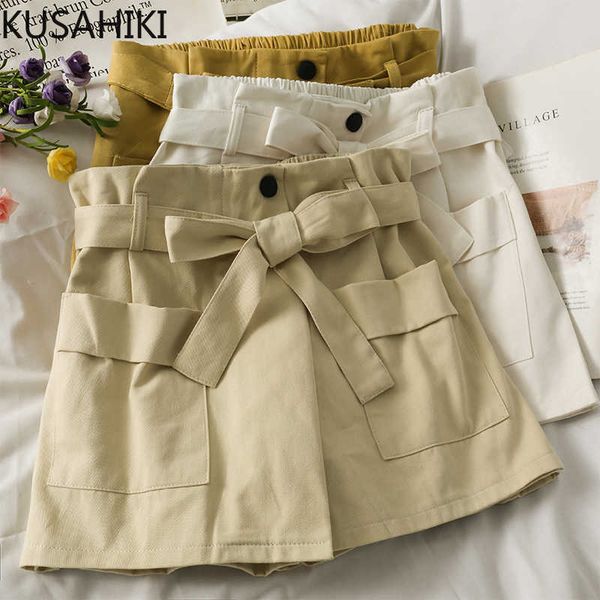 

kusahiki bow bandage high waist woman shorts summer bottoms female causal solid wide leg short feminimos 6j347 210602, White;black