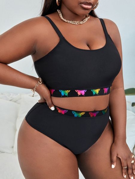 

plus butterfly print high waisted bikini swimsuit c0sa#, Black