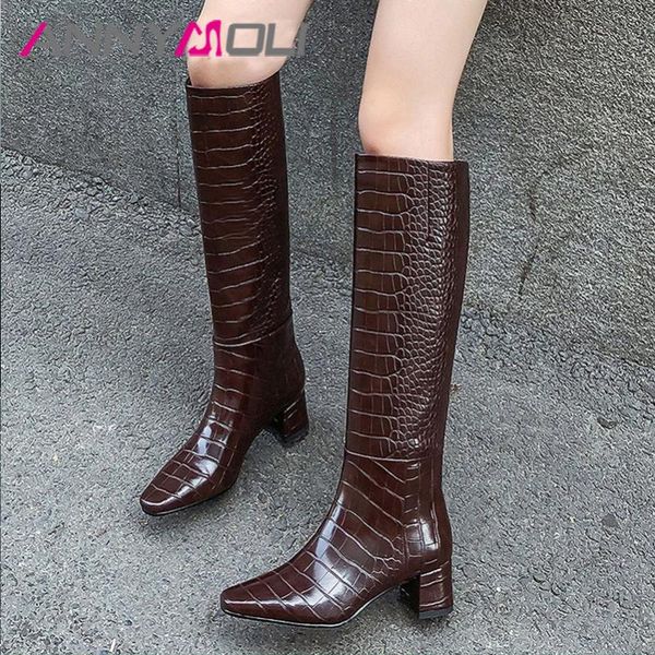 

boots annymoli high heel women square toe knee block long zipper female shoes autumn beige large size 40, Black