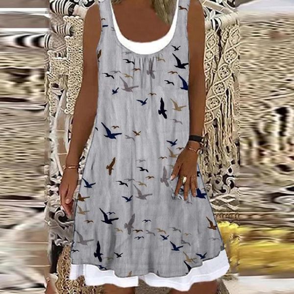 

casual dresses women print square collar a-line party dress 2021 summer sleeveless tank spring solid pocket loose mini 3xl, Black;gray