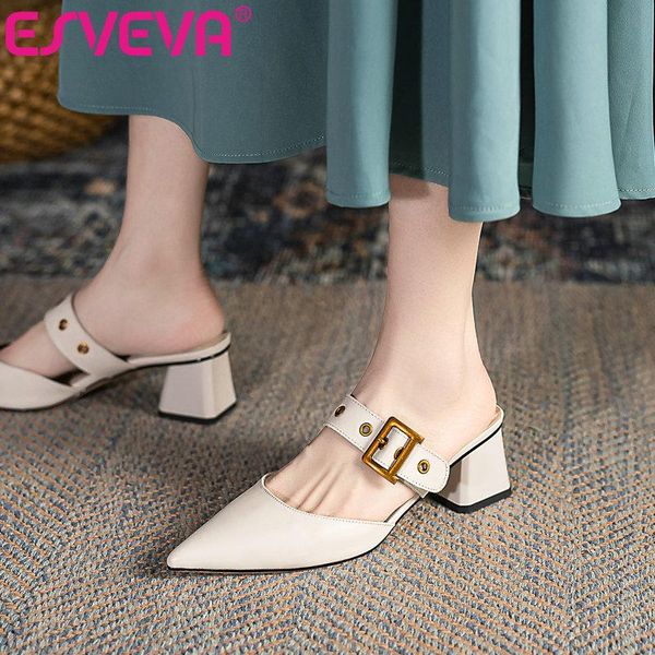 

sandals esveva 2021 elegant square high heel female slides pointed toe summer women shoes genuine leather slip on size 34-39, Black