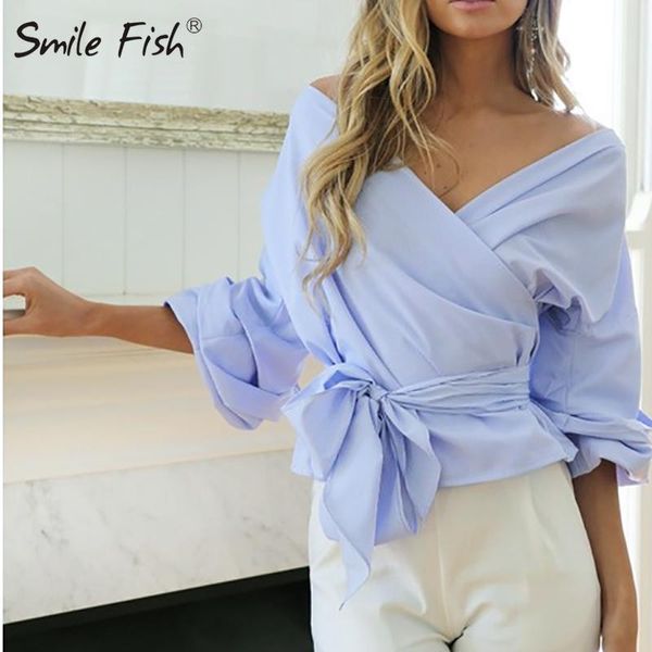 

lantern sleeve bandage blouses office elegant blue stripe ladies lace up bow blouse women overlap wrap v-neck blusas m0659, White