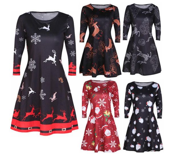 

casual dresses christmas party knee neck snow women clothes length loose dress deer o man long plus day print size sleeve, Black;gray