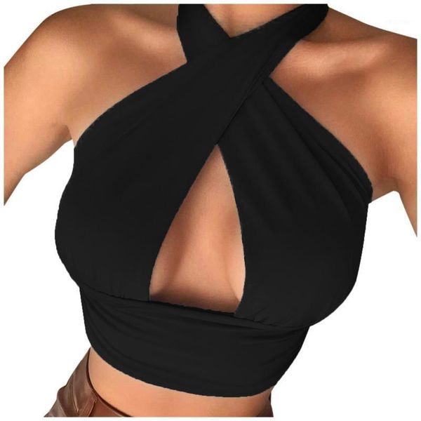 

women's tanks & camis solid cross bandage vest 2021 lady sleeveless backless hollow out wrap halter pleated cropped women fashion b, White