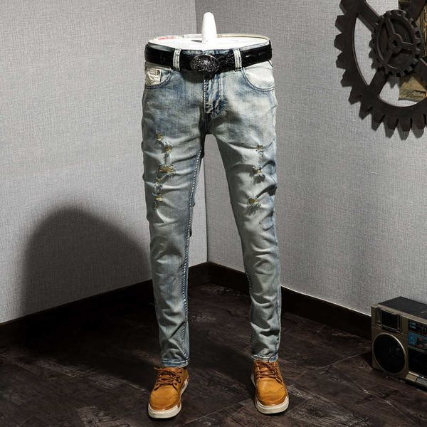

jeans spring men's light color trousers youth korean slim fit elastic small straight leg for men, Blue