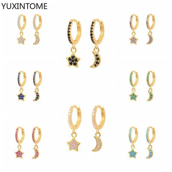 

hoop & huggie 925 sterling silver earrings with cute candy neon color enamel stars/moon charm drop earring gold for girls, Golden;silver