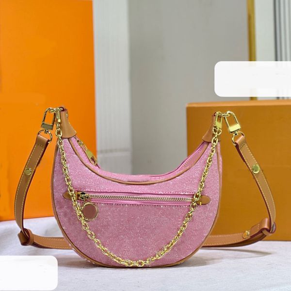 

chain crossbody bags shoulder bag jacquard axillary handbag loop half moon handbags genuine leather strap fashion wallet blue denim canvas p