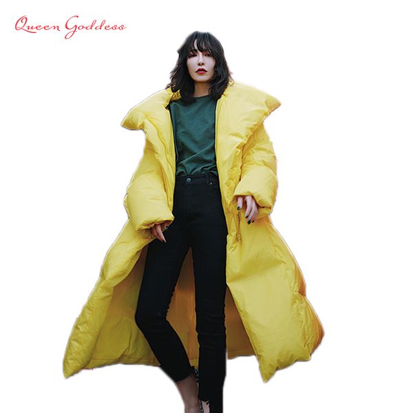 

europe new popular high end quality yellow and black 90% white duck long down jacket loose type outwear office lady collection t191024