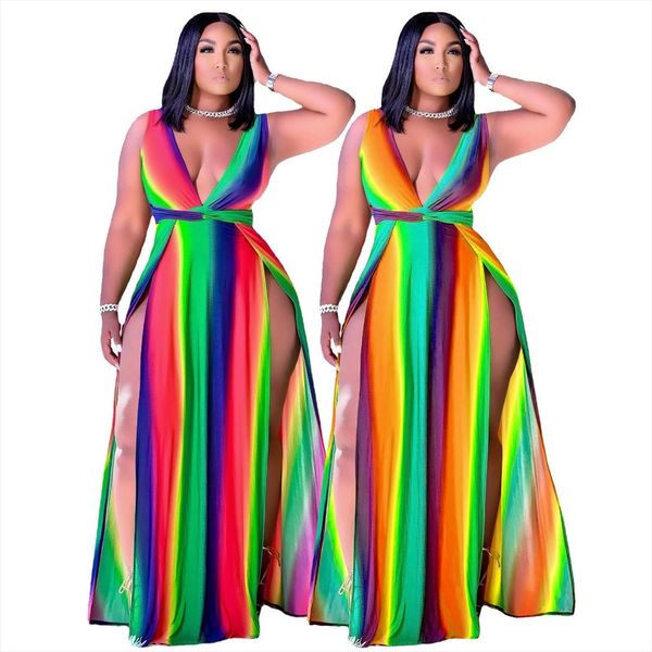 

summer tie dye gradient women dress belt v neck sleeveless rainbow female clothing daily, Black;gray