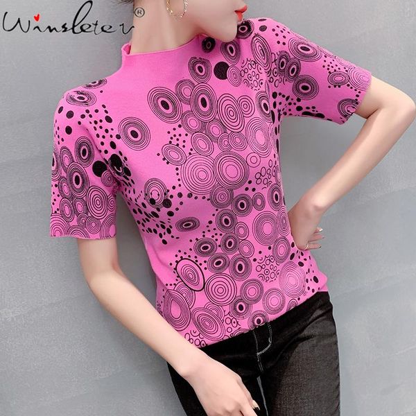 

women's t-shirt summer knit rosepink women print mock neck short sleeve elastic slim tees clothing t13407a, White