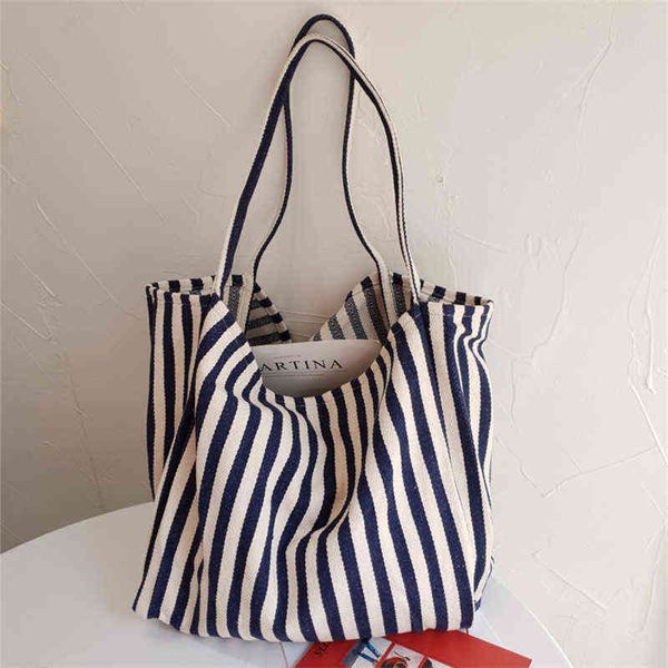 

shopping bags summer stripe canvas tote female casual large capcity handle simple shoulder handbag daily feminina 220307