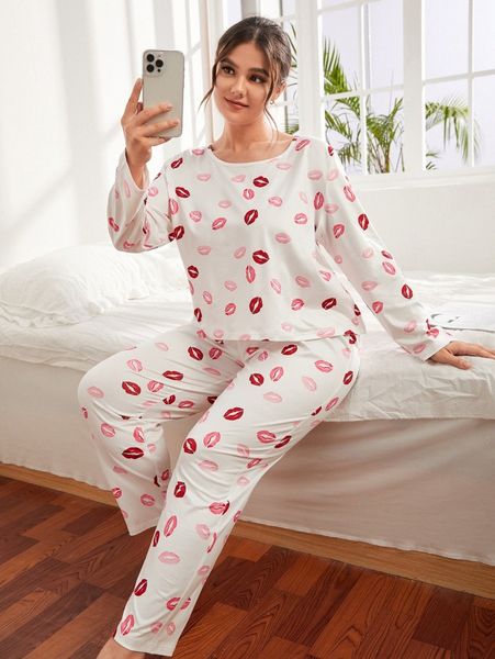 

plus lip print tee & sleep pants o7c4#, Black;white