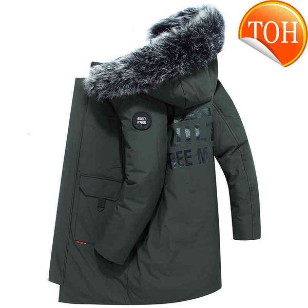 

down jacket men 2021 winter new brand casual warm thick white duck long parkas windbreaker real fur collar army green outwear, Black