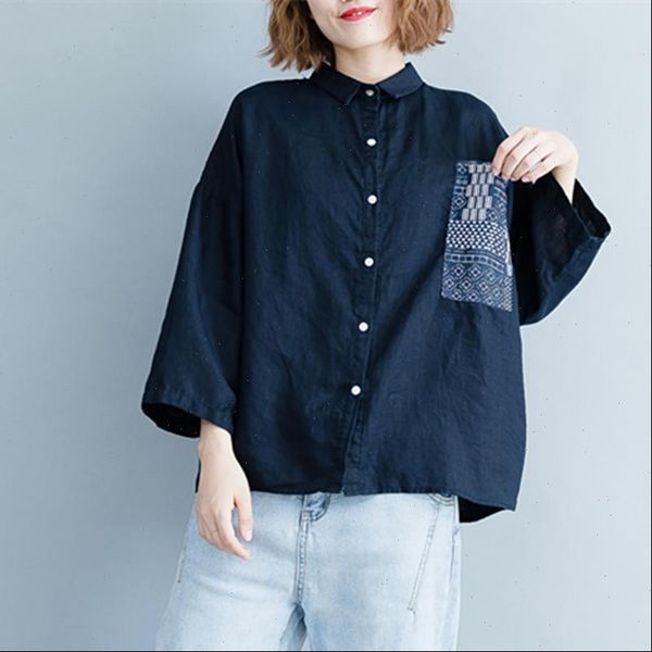 

johnature 2021 new korean loose casual womens and blouses turn down collar nine quarter sleeve patchwork blue shirts, White