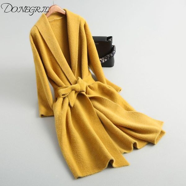 

women's wool & blends knitted water velvet coat women autumn winter slim long section warm turn down collar cardigan coat1, Black
