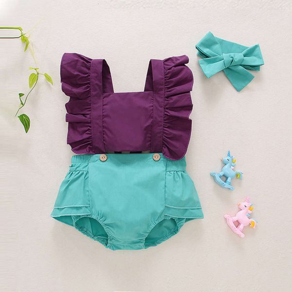 

purple baby hatching plaid flying sleeve creeping suit with hair band two piece girls', White