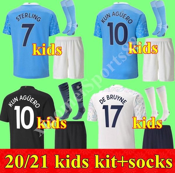 

20 21 manchester youth child de bruyne kun aguero man soccer jersey city home away 3rd 2020 2021 football shirt kids kit uniform, Black
