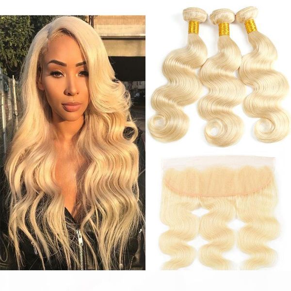 

cuticle aligned 613 blonde hair weave bundles with frontal body wave blonde brazilian virgin hair 13*4 lace frontal and bundles, Black;brown