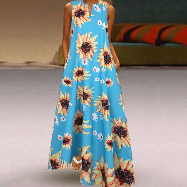 

2021 summer dress women long maxi dress vestidos floral printed bohemian dress ladies casual pockets long tunic robe#j30 wlyc, Black;gray