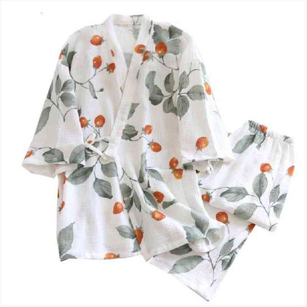 

spring soft loose thin gauze womens sleepwears cotton japanese kinomo style pajamas set comfort 2pcs cherry tomatoes print homewar, Black;red