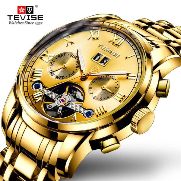 

tevise fashion men military sports watches gentlemen waterproof tours automatic mechanical men's calendar gold clock relogio, Slivery;brown