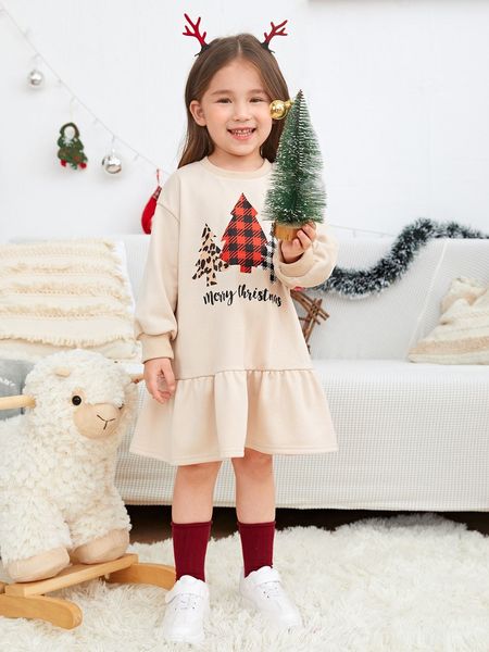 

toddler girls christmas print drop shoulder ruffle hem dress she, Red;yellow