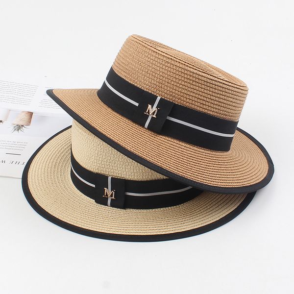 

2021 new women summer sun panama shade beach hat female letter m straw fedoras sdfl, Blue;gray