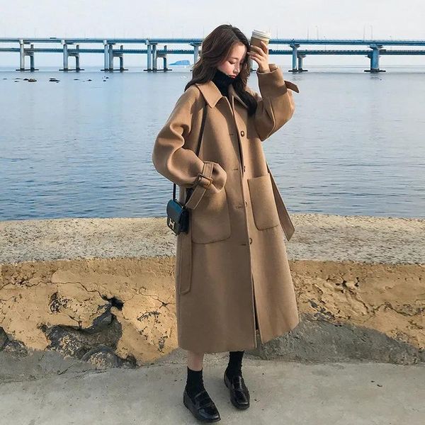 

women's wool & blends autumn women faux coat long sleeve single breasted fashion turn down female blend causal loose winter solid outer, Black