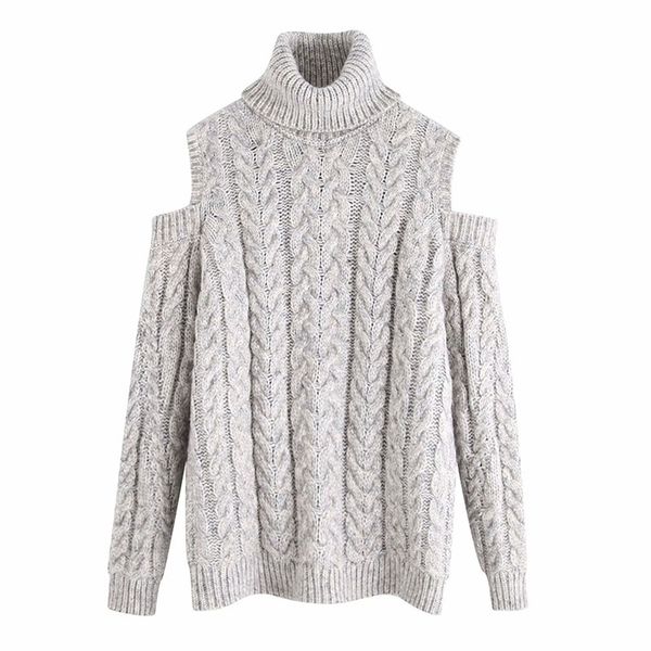 

winter women's french wight-strand knitted sweater turtleneck strapless pullover female loose 210531, White