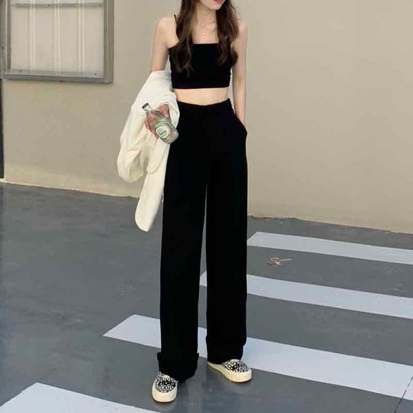 

2021 new brand chic loose suit pants women drape sense straight pants breathable slim mopping korean leisure, Black;white