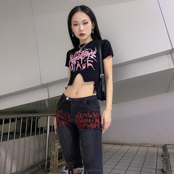 

grunge gothic print t-shirts harajuku o neck hollow out y2k t shirt punk streetwear short sleeve women crop, White