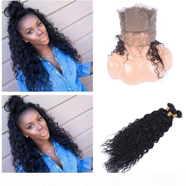 

360 with peruvian human hair water wave virgin hair weave bundles with silk base 360 lace frontal deep wave curly hair with 360, Black;brown