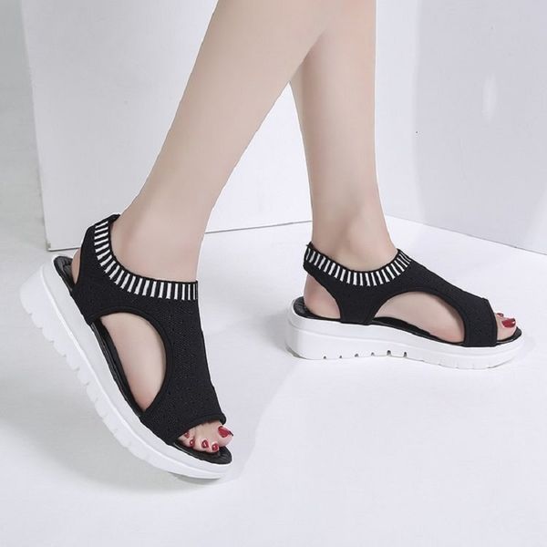 

and 2020 spring summer new breathing fat feet women fashion wild flying weven helling with beach plus size sandals, Black