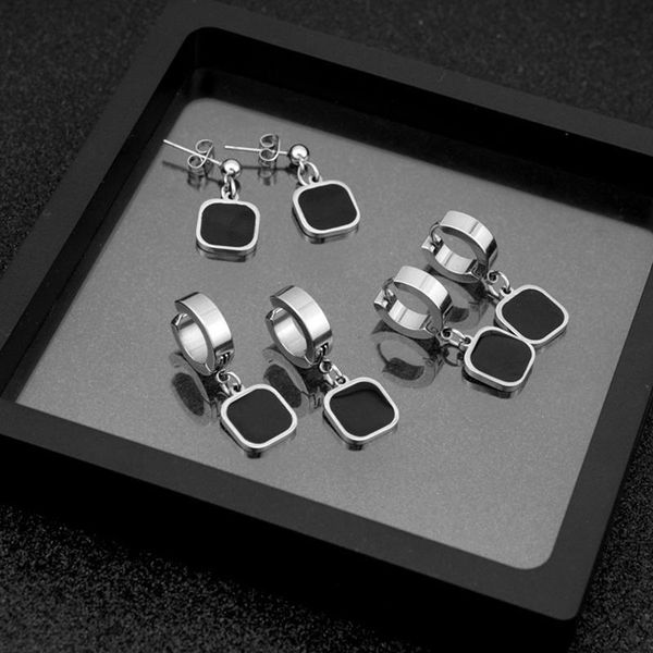 

hoop & huggie black shell square stainless steel ear buckle female earrings classic rose gold wedding for women, Golden;silver