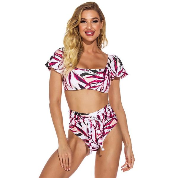 

one-piece suits fashion floral printed women's bikini set 2021 summer two-piece swimsuit ruffled female beach holiday bathing swimwear