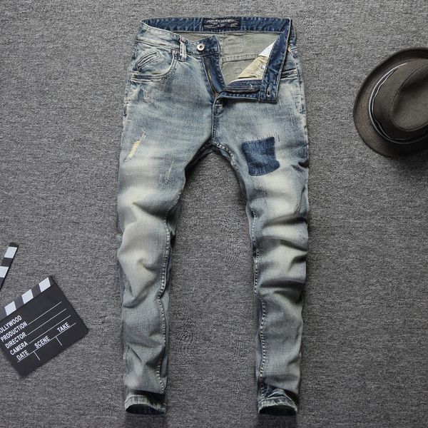 

2021 new fashion streetwear newly designer classical denim pants patchwork ripped jesns men slim fit italian style jeans homme 5pop, Blue