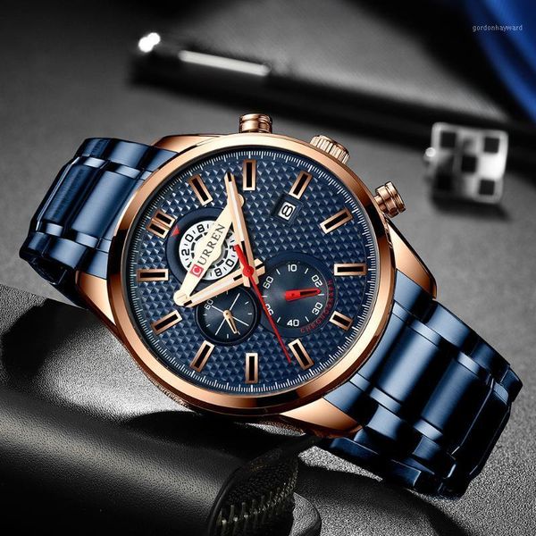 

wristwatches curren business men's watch fashion blue quartz wristwatch sports stainless steel chronograph clock causal watches, Slivery;brown