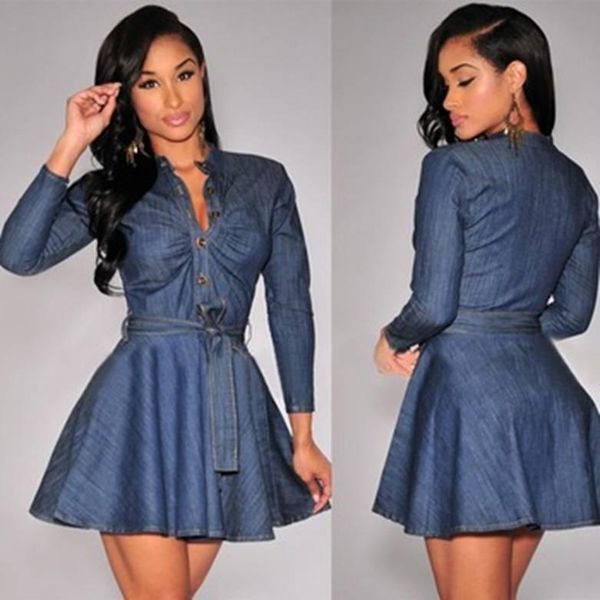 

casual dresses fashion women slim fit denim jean dress plus size bowknot belt long sleeve, Black;gray