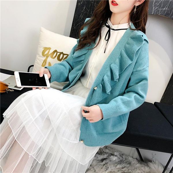 

east gate season sweet temperament v lead single row buckle leaf edge sweater loose coat woman easy1, Black