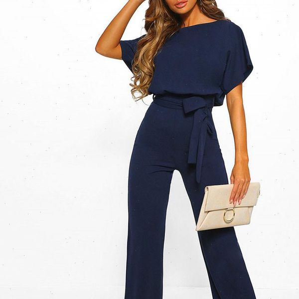 

high street wear long length jumpsuit women short sleeve playsuit clubwear straight leg jumpsuit with belt office overalls js5, Black;white