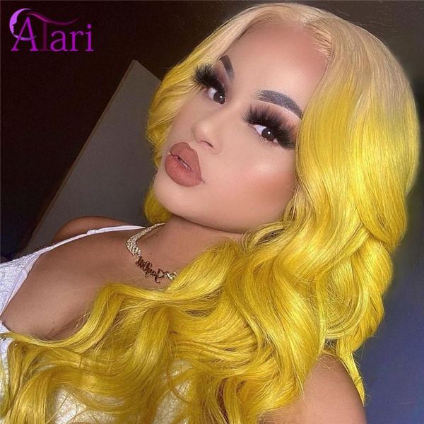 

lace wigs atari ombre pink/yellow/blue colored body wave wig brazilian virgin human hair pre plucked transparent for women, Black;brown