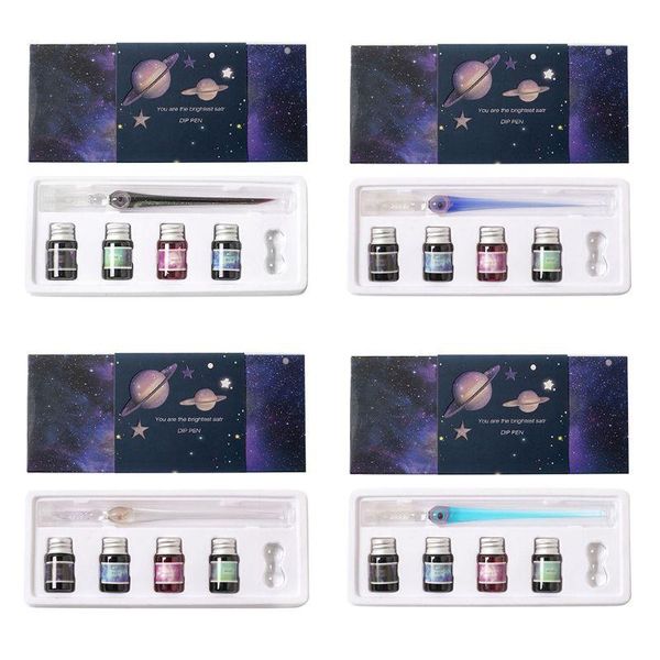 

1set planet theme dip pen 4 color ink kit glass painting student stationery fountain pens
